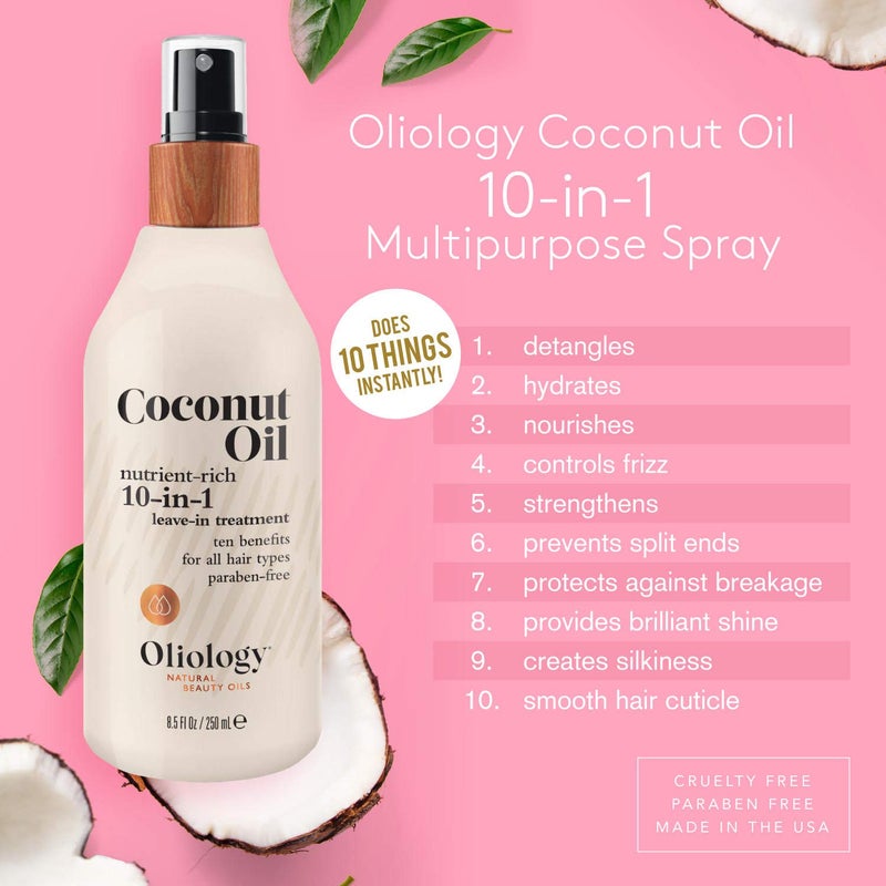 Oliology أوليولوجي زيت جوز الهند 10 في 1 بخاخ متعدد الاستخدامات - علاج يترك على الشعر لجميع أنواع الشعر | يفك تشابك الشعر، يتحكم في التجعد، يرطب ويمنح الترطيب | صنع في الولايات المتحدة الأمريكية، خالٍ من التجارب على الحيوانات وخالٍ من البارابين (8.5 أوقية، عبوتين) - Image 2